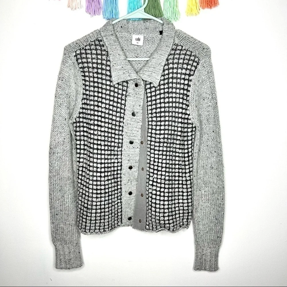 Cabi 3006 Gray Square Stich Window Pane Mock Neck Snap Cardigan Sweater Size S